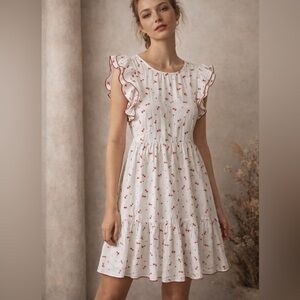 Compania Fantastica White Red Ruffle Sleeveless Whimsy Ant Print Mini Dress Lrg